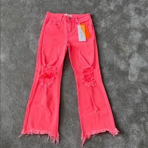 Risen Neon Pink Distressed Flare Jeans